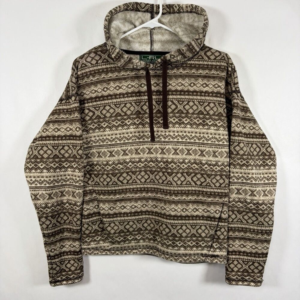 Lauren Ralph Lauren Sweater Hoodie Womens Small Brown Beige Geometric Fleece